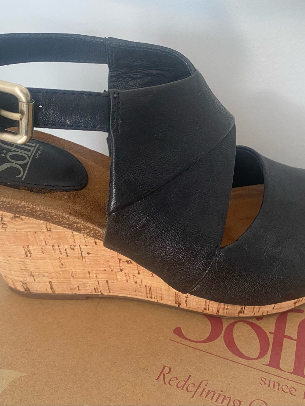 Sofft Black Leather Cork Wedge Slingback Sandals - Picture 5 of 7